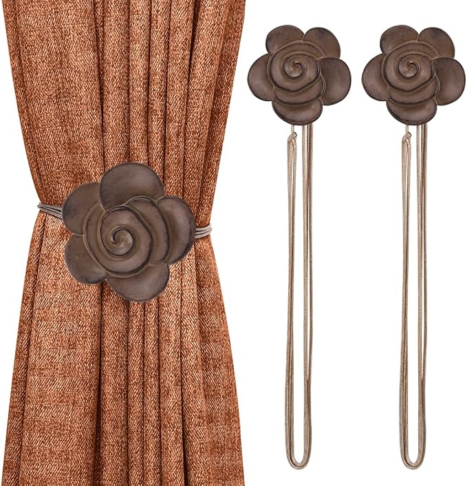 Lewondr Magnetic Curtain Tieback, Vintage Curtain Holdback, Resin Flower Curtain Ties with Rope Drapery Retro Window Curtain Decorative Buckle Holder for Outdoor, Home, and Cafe Balcony, Light Coffee