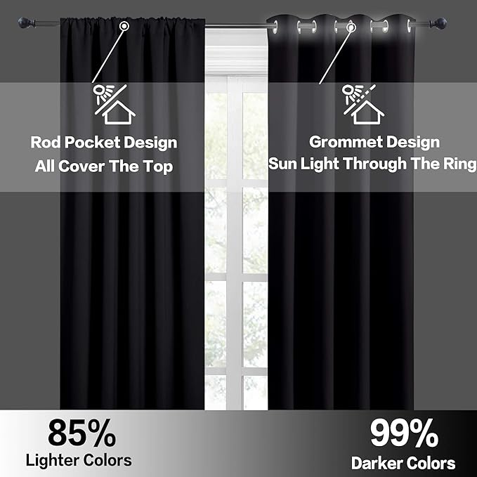 RYB HOME 54 inch Blackout Curtains for Living Room, Rod Pocket Thermal Insulated Small Window Drapes Room Darkening Shades for Bedroom Studio Dorm, W 42 x L 54 inch, Set of 2 Panels, Black