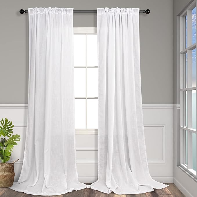 White Curtains 60 Inch Wide for Living Room Extra Large Linen Drapes Semi Sheer Room Dividing Curtains for Patio Sliding Glass Door Apartment Sitting Room 2 Panels Back Tab Pocket Width 60 x 96 Long