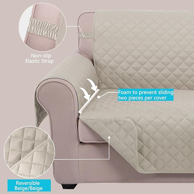 U-NICE HOME 4 Seater Sofa Cover 91 Inch Large Couch Covers for 4 Cushion Couch with Elastic Straps Water Resistant Furniture Protector Cover for Pets Cat (Sofa XX-Large, Beige/Beige)