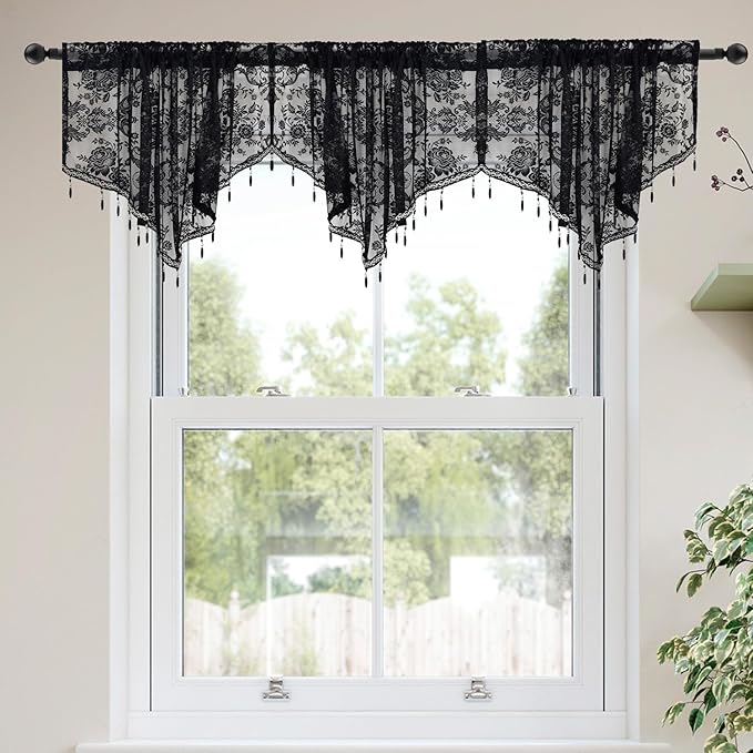 Molaxhome Swag Curtain 51 inch Length Rod Pocket Scalloped Curtain Valance Sheer Lace Panels with Hanging Crystal Beads for Kitchen Bedroom Window Treatments Drape Decor 1pc (Lace Black, 51Wx23L)