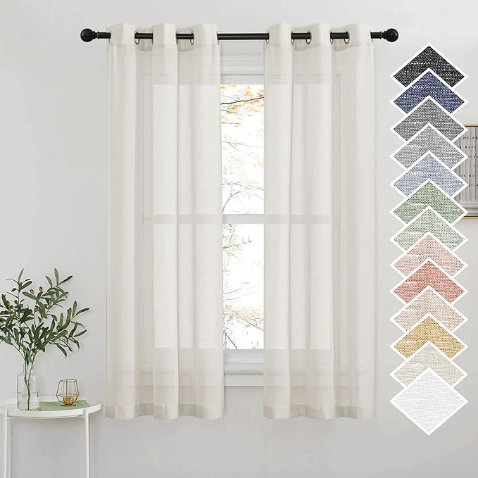 NICETOWN Small Window Curtains Semi Sheer Linen Burlap Drapes, Grommet Top Privacy with Light Filtering Panels for Bedroom/Kitchen, Natural, 36" Wide by 63" Long, 2 Pieces