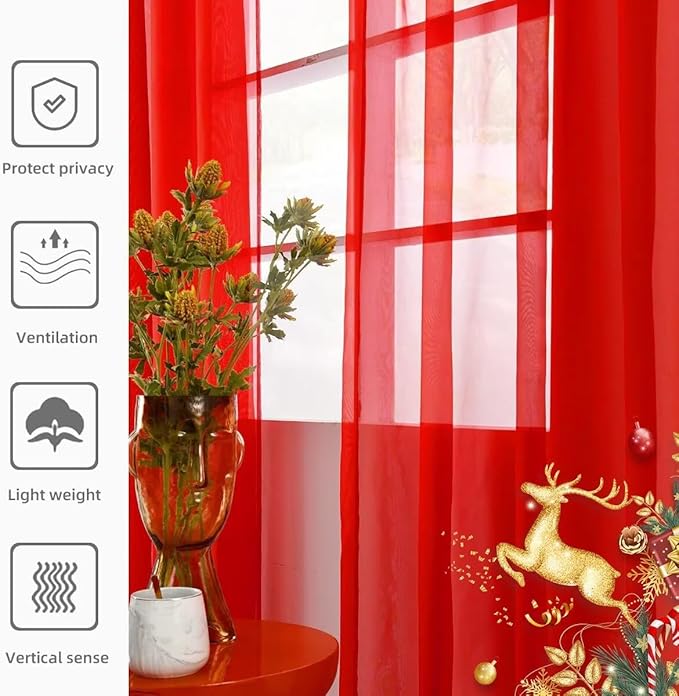 youleyar Solid Sheer Rod Pocket Curtain Voile Draperies 2 Panels White Beige Black Ivory Grey 26 Inch Width 30 Inch Long 1 Pair for Kitchen Bedroom Children Living Room Yard(Red,26W x 30L)