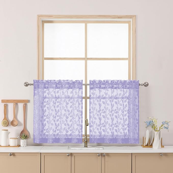 Chyhomenyc Light Purple Sheer Curtains 24 Inch Length, Light Filtering Leaf Tufted Textured Small Kitchen Curtain Over Sink, Short Half Window Curtains for Bathroom Basement, 30" Wx24 L, 2 Panels