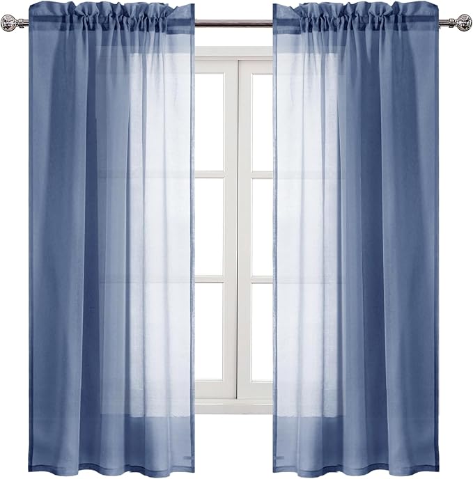 DWCN Sheer Curtains Semi Transparent Voile Rod Pocket Curtains for Bedroom and Living Room, Dusty Blue, 42 x 63 inches Long, Set of 2 Panels