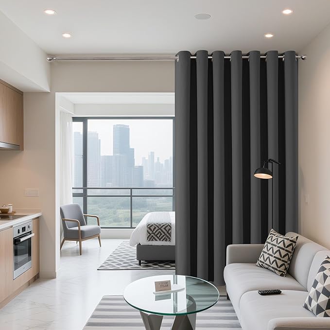 Joydeco Blackout Patio Sliding Door Curtains 90 Inches Long, Grommet Privacy Room Divider Curtains, Extra Wide Thermal Blackout Drapes for Bedroom Living Room (Grey, 80Wx90L, 1 Panel)