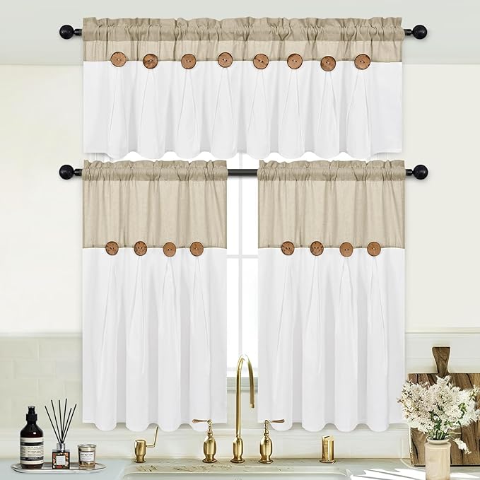 Boho Kitchen Curtains 36 Inch Length, Farmhouse Cotton Linen Tier Curtains, Rustic Button Short Curtain for Windows, Country Cafe Rod Pocket Small Window Curtain, Linen and White, 26x36