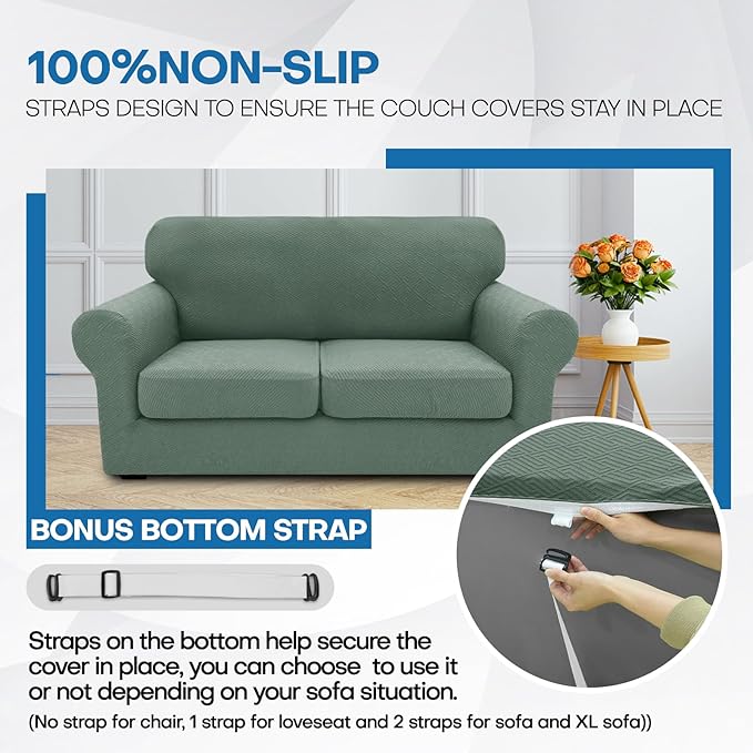 XINEAGE New 3 Pieces Couch Covers for 2 Cushion Sofa Super Stretch Loveseat Slipcover Pet Dog Universal Slip Cover Anti Slip Love Seat Furniture Protector (Pea Green, 55"-69")