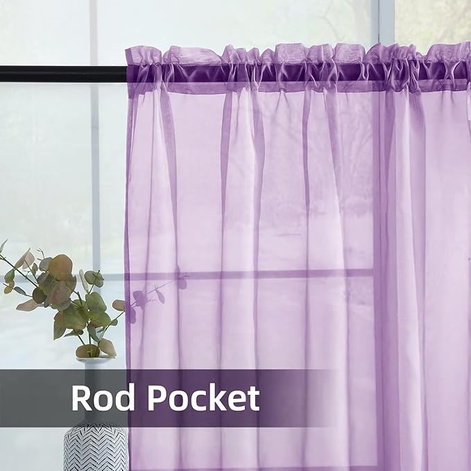youleyar Solid Sheer Rod Pocket Curtain Voile Draperies 2 Panels White Beige Black Ivory Coffee 26 Inch Width 24 Inch Long 1 Pair for Kitchen Bedroom Children Living Room Yard(Lavender,26W x 24L)
