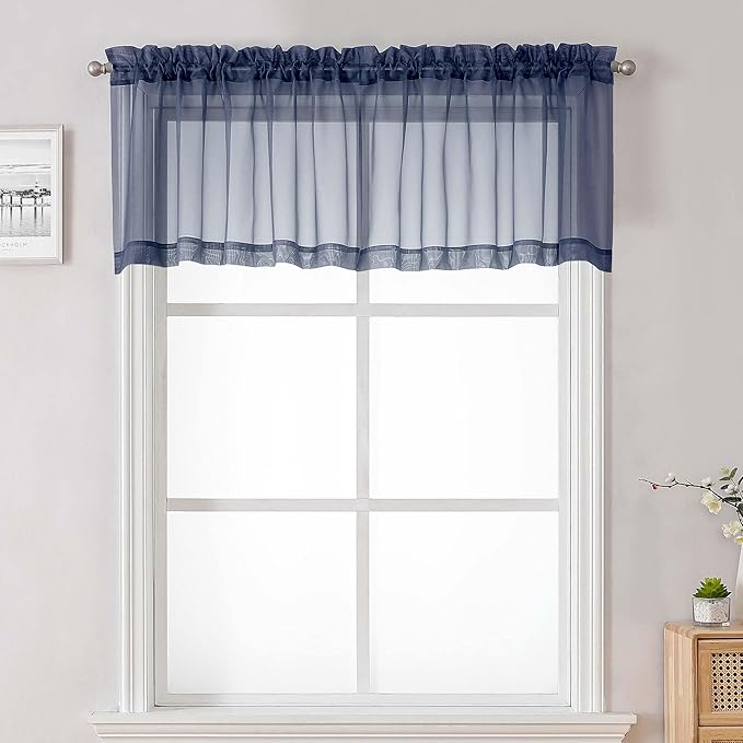 Lecloud Navy Blue Sheer Valances for Windows 18 Inch Length 2 Pcs, Cafe Kitchen Curtains for Bedroom Living Room, Short Curtains for Small Windows with Dual Rod Pocket Home Decor, 42" W x 18" L