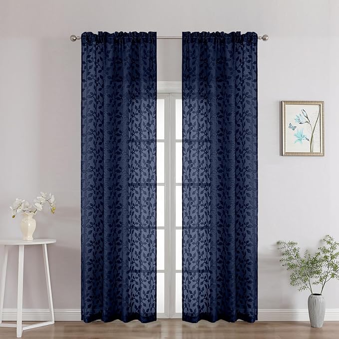 Chyhomenyc Navy Blue Sheer Curtains 90 Inch Length 2 Panels Set, Light Filtering Tufted Textured Soft Airy Rod Pocket Gentle Leaf Window Treatment Drapes for Bedroom Living Room, 42" Wx90 L, 2PCS