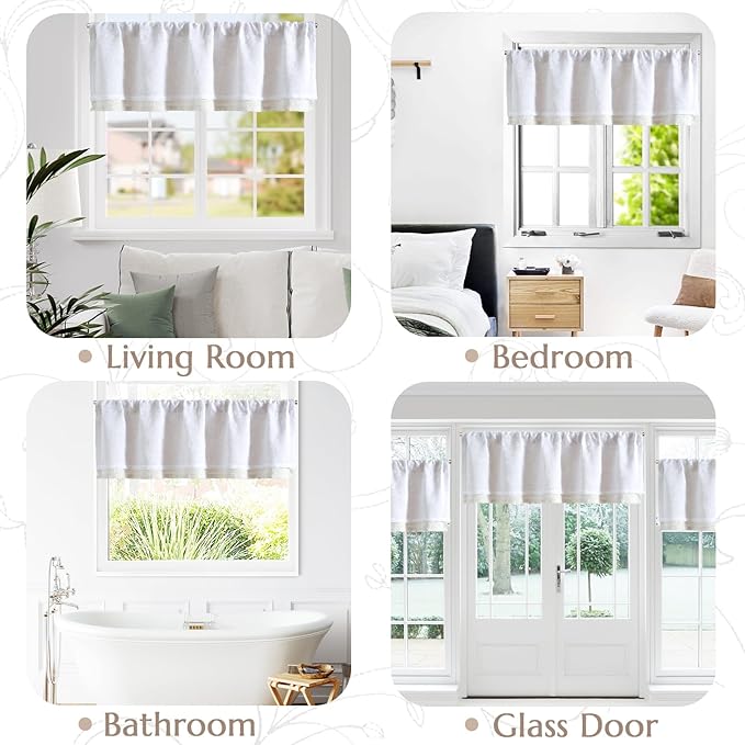 jinchan Linen Valance for Window Embroidered Farmhouse Light Filtering Voile Valance for Living Room Kitchen Beige Cottage Rustic Double Layer Curtain 16 Inch 1 Panel White