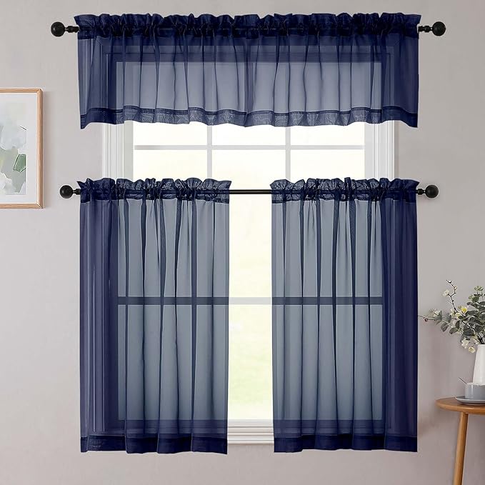Navy Blue Valances for Windows, Navy Blue Sheer Curtains 14 Inch Length 2 Pack Kitchen Curtain, Modern Solid Mini Small Window Curtains for Cafe Bathroom Basement, Navy Blue, 42"Wx14"L Inch