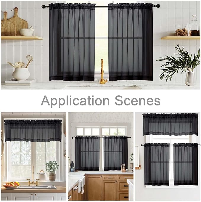 Cafe Curtains 36 Inch Length Tier 2 Pieces, Modern Soft Airy Sheer Kitchen Short Curtains for Small Window, Rod Pocket Small Curtain for Bathroom Basement, Black, Each, 42" Wx36 L Inches