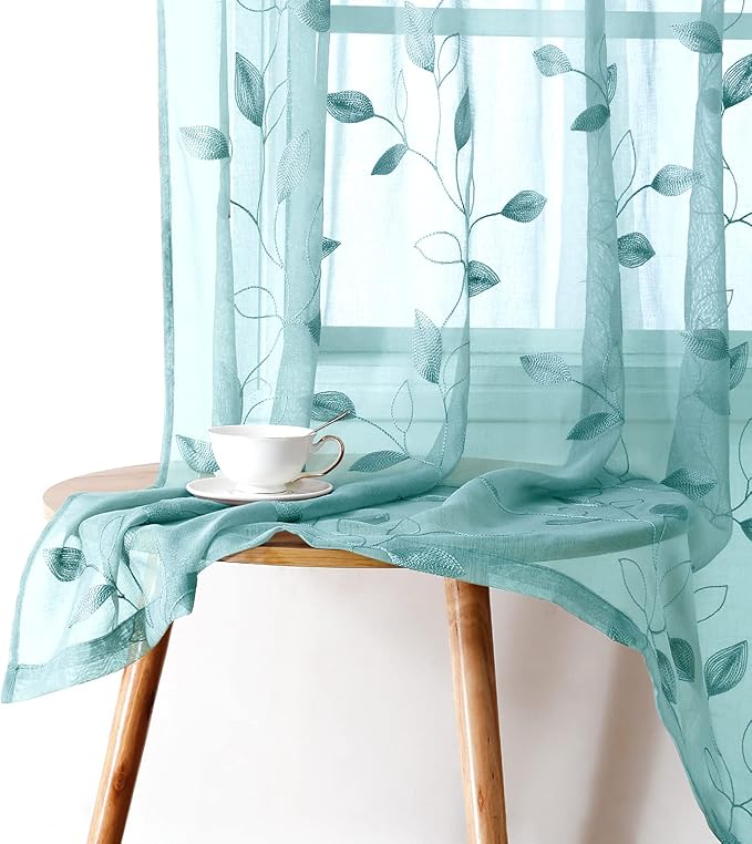 HOMEIDEAS Turquoise Aqua Sheer Curtains 52 X 84 Inches Length 2 Panels Embroidered Leaf Pattern Pocket Faux Linen Floral Teal Voile Window Drapes for Bedroom Living Room