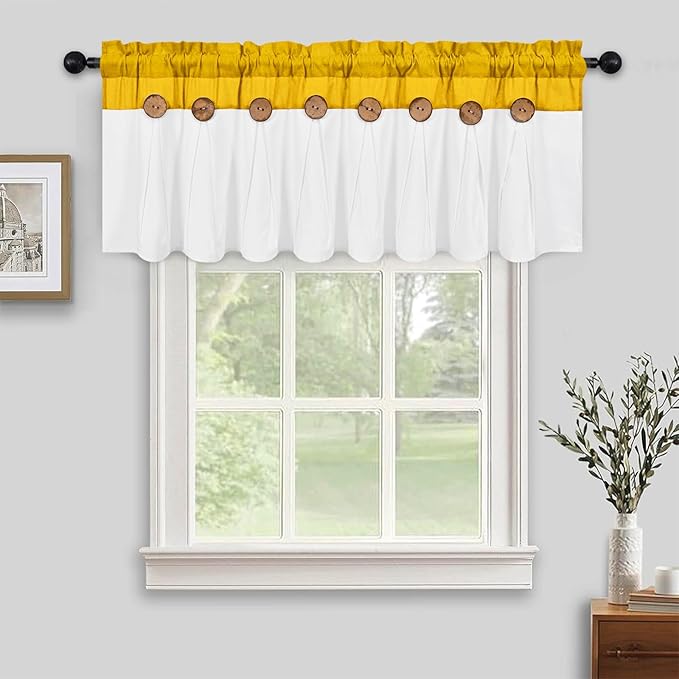 FRAMICS Farmhouse Valance Curtains, Boho Cotton Linen Kitchen Valance, Yellow Rustic Button Window Valances for Kitchen Bathroom, Rod Pocket Valances for Windows, Yellow and White, 52 x 18 Inch