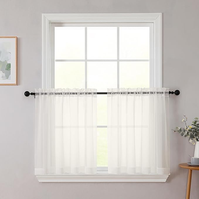 Kitchen Curtains 24 Inch Length Tier 2 Pieces, Ivory Sheer Curtain Solid Soft Sheer Short Curtains for Windows, Cafe Bathroom Basement Rod Pocket Drapes, Ivory, Each 42" Wx24 L Inches
