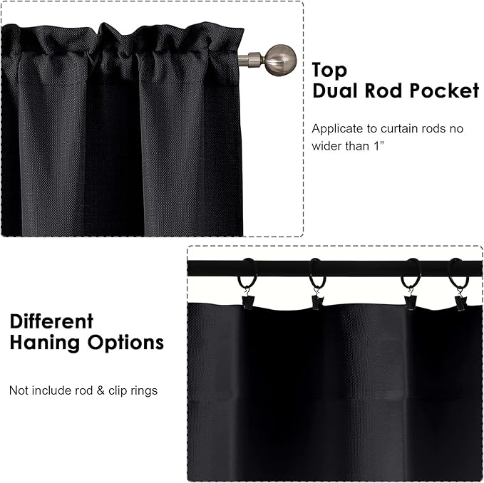 OWENIE Bob 1 PCS Black Valances for Windows, Faux Linen Textured Kitchen Window Curtains Valance for Bedroom Living Room, Modern Soft Airy Solid Rod Pocket Bathroom Cafe Curtain, 60Wx22L Inch