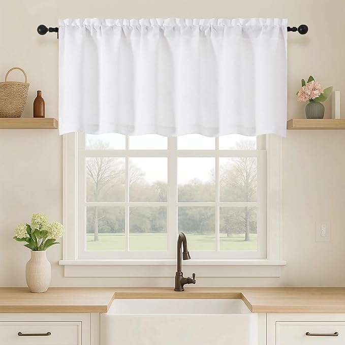OVZME White Valance for Windows, Light Filtering ThickTextured Small Kitchen Valances for Window, Dual Rod Pocket Farmhouse Short Curtain for Bathroom Basement, 1 Piece, 60Wx20L Inch