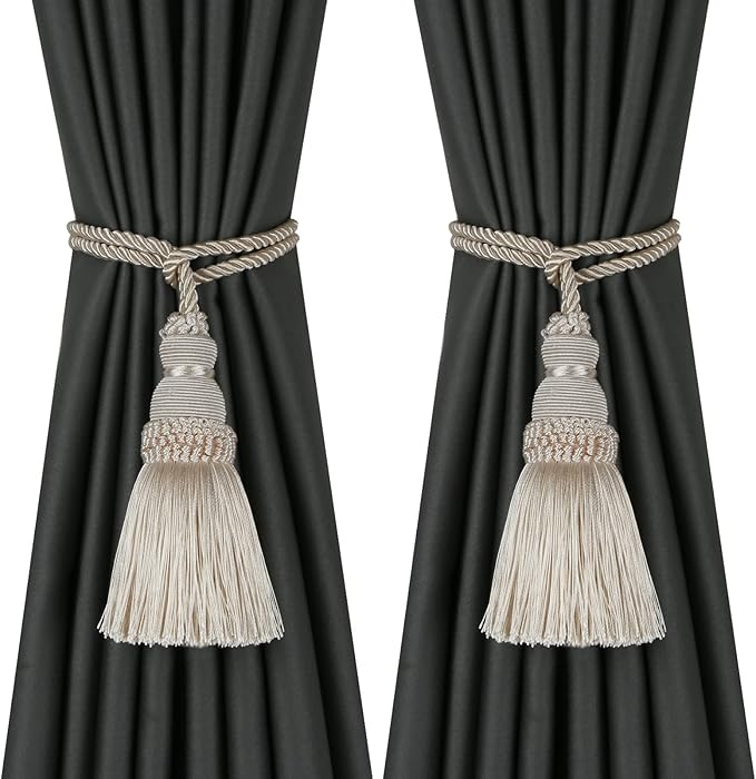 Fenghuangwu 2 Pack Curtain Tie Backs Rope Tassels for Curtains Drape tiebacks Handmade Outdoor Home and Outdoor Decorative (Beige, 2p)