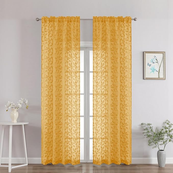 Chyhomenyc Gold Sheer Curtains 90 Inch Length 2 Panels Set, Light Filtering Tufted Textured Soft Airy Rod Pocket Gentle Leaf Window Treatment Drapes for Bedroom Living Room, 42" Wx90 L, 2PCS