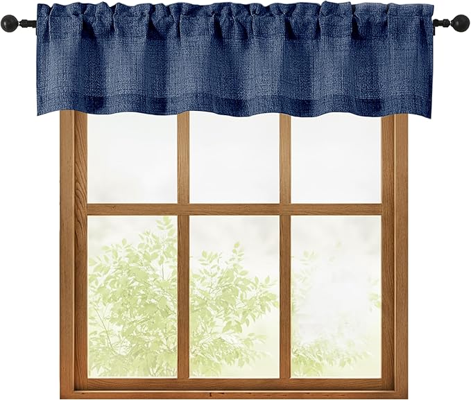 OWENIE Navy Blue Valances for Windows 1 Pcs, Light Filtering Textured Farmhouse Short Small Valance Curtains for Bathroom Basement Living Room, Rod Pocket Half Curtains for Windows, 60Wx12L Inch