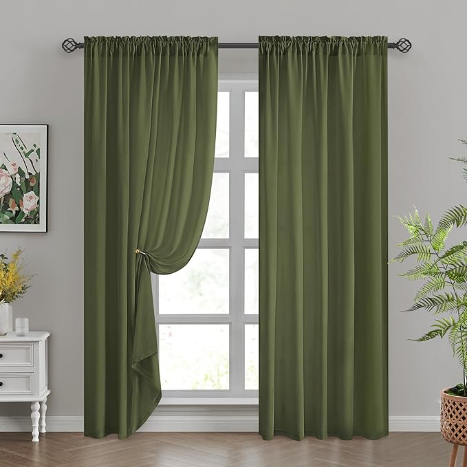 HOMEIDEAS Non-See-Through Olive Green Privacy Sheer Curtains, 52 X 84 Inches Long 2 Panels Sheer Curtains Light Filtering Window Drapes for Bedroom Living Room