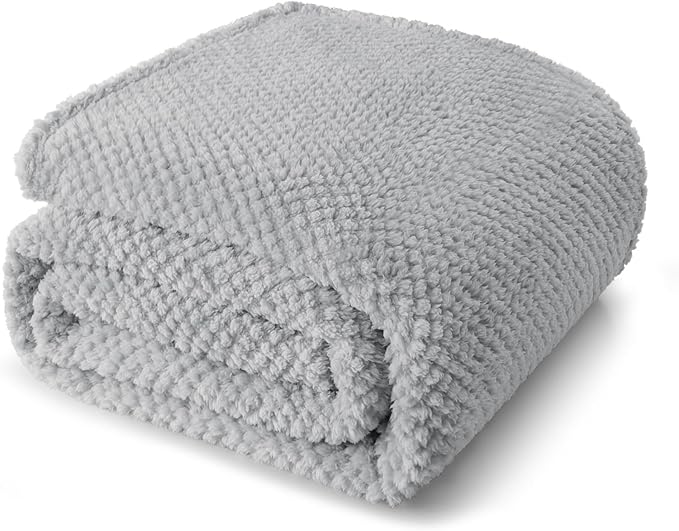 Whale Flotilla Queen Size Fuzzy Fleece Blanket for Bed, 90x90 Inch Fluffy Warm Soft Jacquard Blankets for All Season, Lightweight and Cozy, Light Grey