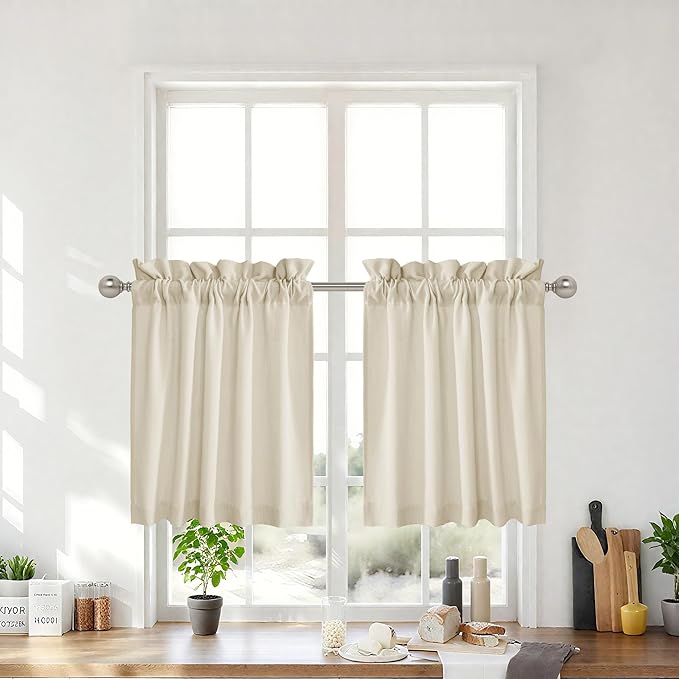 RYB HOME Cafe Curtains 24 inches Length, 2 Panels Kitchen Curtains and Valances Set Faux Linen Blended Shabby Privacy Protect Topper for Kitchen Living Room, Rod Pocket, Linen, W 26 x L 24 inch