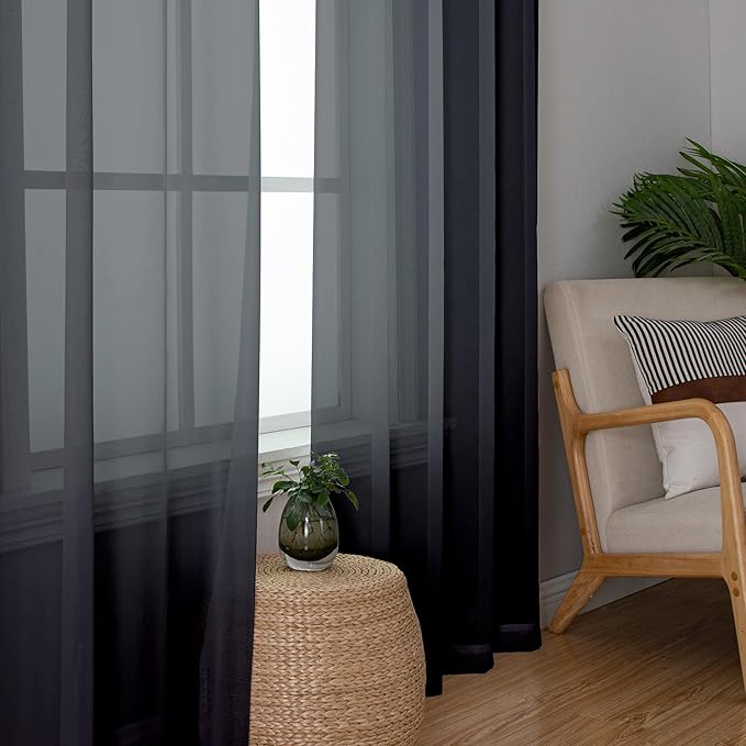 Lecloud Black Sheer Curtains 50 Inch Length 2 Pcs, Light Filtering Bedroom Curtains for Living Room Window Treatments, Rod Pockets Voile Drapes for Bathroom Basement, Each Panel 42" W x 50" L