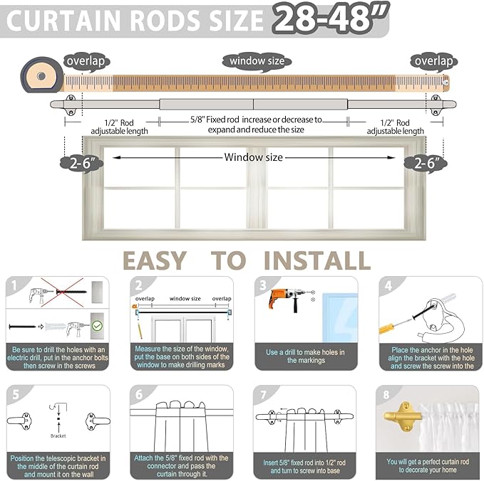 TVWOO Gold Wrap Around Curtain Rods:5/8" Small Blackout Adjustable Window Curtain Rod for Bedroom Kitchen Apartment Renter Friendly,Room Darkening Curved Drapery Rods Easy Install,Brass Golden 28-48"