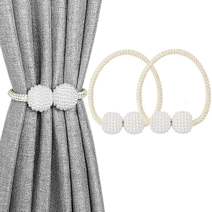 Melaluxe 2 Pack Magnetic Curtain Tiebacks, Decorative Curtain Holdbacks for Window Décor (Beige)