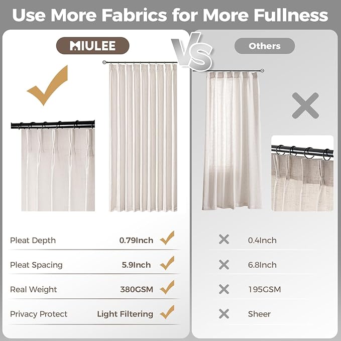 MIULEE Pinch Pleated Thick Linen Curtains 86 Inches Long 2 Panels Set for Living Room Bedroom, Linen Textured Drapes Pinch Pleat Back Tab Light Filtering Natural Farmhouse Semi Sheer Window Curtains