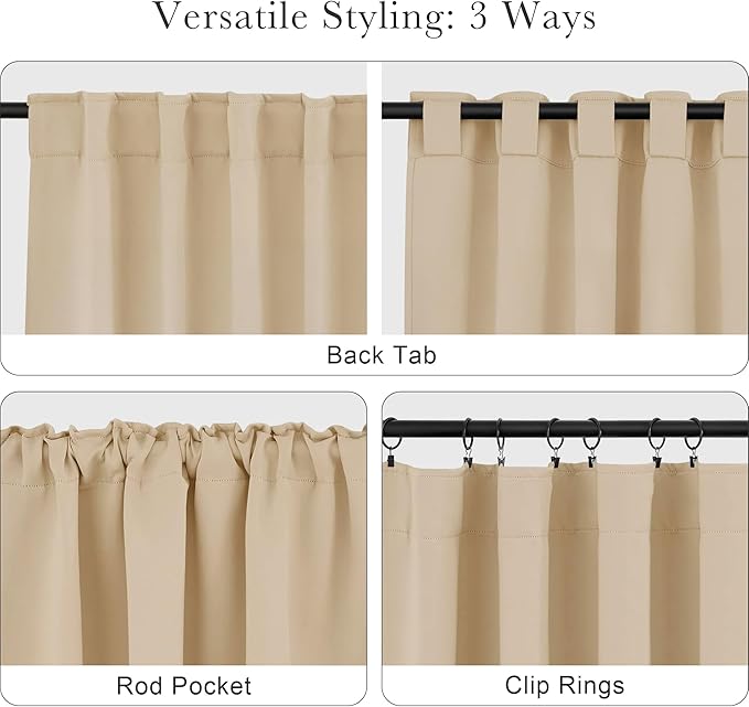 PONY DANCE Kitchen Window Curtains - Light Block Home Decor Back Tab and Rod Pocket Draperies Heavy-Duty Thermal Insulated Curtain Panels, W 52 x L 45 Inches, Biscotti Beige, 2 Pieces