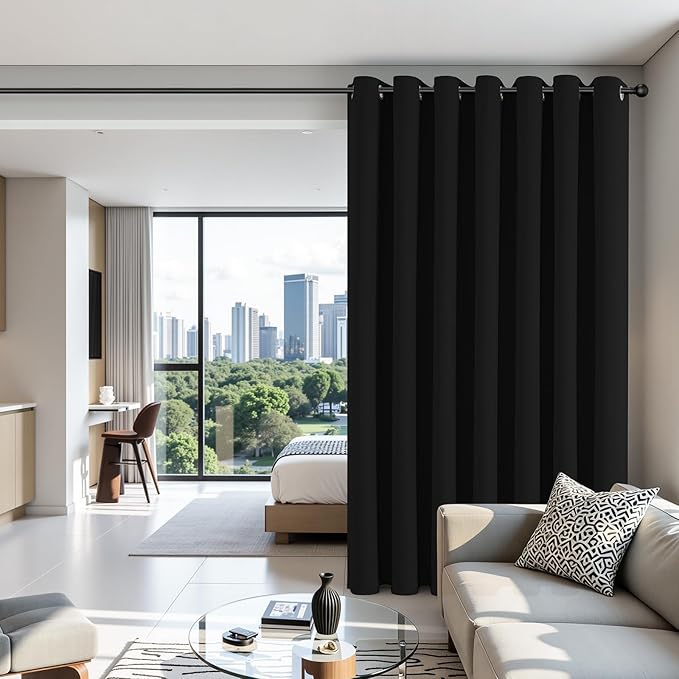 Joydeco Blackout Patio Sliding Door Curtains 96 Inches Long, Grommet Privacy Room Divider Curtains, Extra Wide Thermal Blackout Drapes for Bedroom Living Room (Black, 80Wx96L, 1 Panel)
