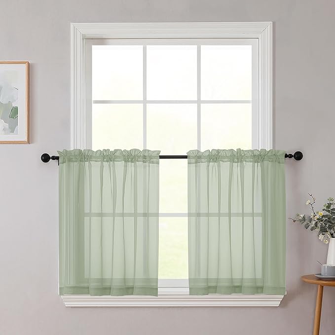 Kitchen Curtains 24 Inch Length Tier 2 Pieces, Sage Green Sheer Curtain Solid Soft Sheer Short Curtains for Windows, Cafe Bathroom Basement Rod Pocket Drapes, Sage Green, Each 42"Wx24"L Inch