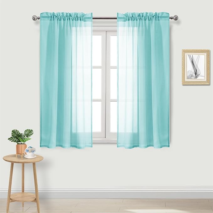 DWCN Aqua Sheer Curtains Semi Transparent Voile Rod Pocket Curtains for Bedroom and Living Room, 42 x 45 inches Long, Set of 2 Panels