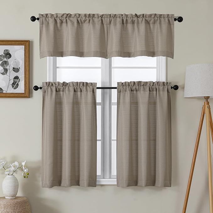 Chyhomenyc Stone Beige Valance for Windows, Light Filtering Faux Linen Textured Small Window Kitchen Curtain, Rod Pocket Short Valance for Bathroom Laundry Basement, 60Wx14L inch, 1 Piece