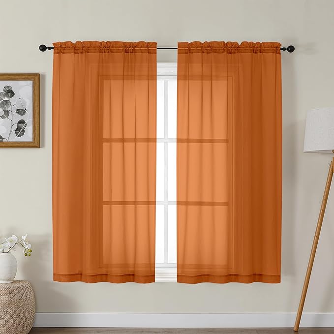 Gwine Burnt Orange Sheer Curtains for Bedroom 54 inches Long 2 Panels, Light Filtering Voile Rod Pocket Curtains, Airy Transparent Fall Sheer Drapes for Living Room, Each 42 Wx54 L