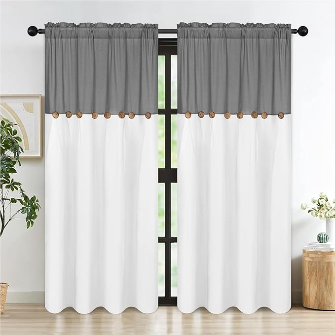 FRAMICS Farmhouse Cotton Linen Curtains for Living Room, Boho Button Curtains 84 Inch Length 2 Panels Set, Grey Rustic Country Linen Window Curtain for Bedroom Rod Pocket Drapes, 52 x 84 Inch, Grey