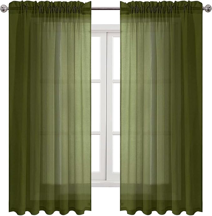 DWCN Olive Green Sheer Curtains Semi Transparent Voile Rod Pocket Curtains for Bedroom and Living Room, 60 x 63 inches Long, Set of 2 Panels