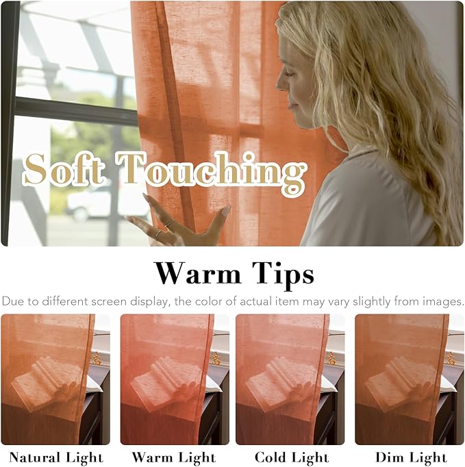 H.VERSAILTEX Linen Curtains Natural Linen Blended Curtain Panels for Living Room/Light Reducing Linen Semi Sheer Curtains 2 Panels Set Nickel Grommet Window Panels (52x96 Inch, Orange)