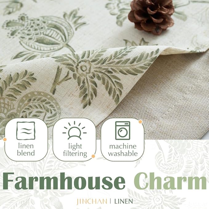 jinchan Floral Valance Curtain Linen Kitchen Valance for Windows 16 Inch Farmhouse Light Filtering Green Floral Short Window Treatment for Living Room 1 Panel Rod Pocket Double Layer Sage on Beige