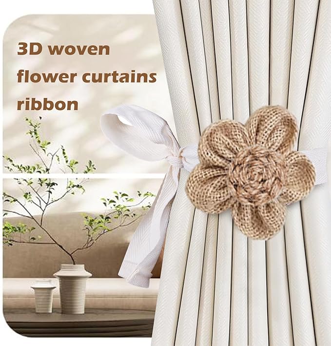 SRG 4pcs Handmade Rope Curtain Tiebacks | Boho Flower Curtain Holdbacks | Simple Elegant Sunflower Curtain Holders | Boho Bedroom Decor（Cream&Khaki）