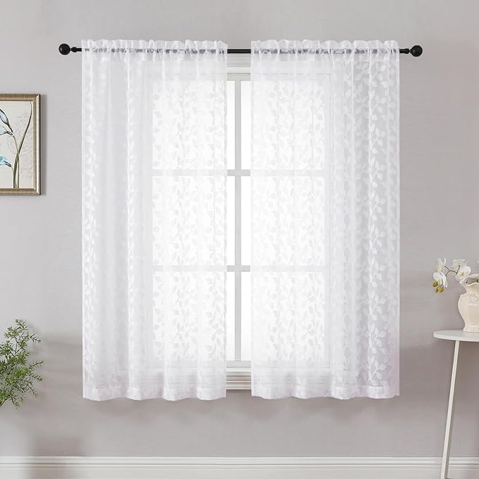 Chyhomenyc White Short Curtains 45 Inch Length 2 Panels, Light Filtering Leaf Textured Window Curtain Panels for Bedroom Living Room, Elegant Rod Pocket Farmhouse Curtains, 30" Wx45 L, 2 PCS
