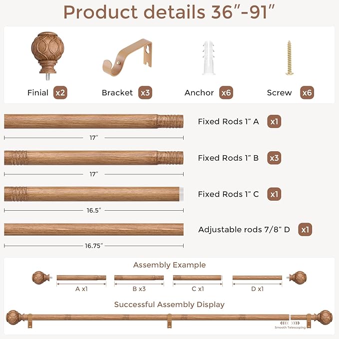 Wood Curtain Rods for Windows 48 to 84 Inch, Boho Vintage Decorative 1 Inch Wooden Curtain Rod, Adjustable Heavy Duty Rustic Farmhouse Drapery Pole with Netted Imitation Wood Grain Finials