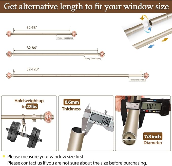 Curtain Rods 32 to 58 Inches (2.6-4.8ft), USFOOK 7/8 InchTelescoping Splicing Drapery Rods for Windows 20 to 54 Inch, Decorative Curtain Rod for Home Decor with Rose Gold Translucent Finials