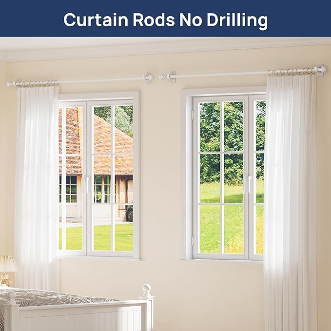 ENJOYBASICS 2 Pack No Drill Curtain Rods for Window 28 to 60 Inches, 5/8 Inch Diameter Renter Friendly Drapery Rod with Adhesive Brackets without Drilling, Adjustable from 27 to 65 Inches, White
