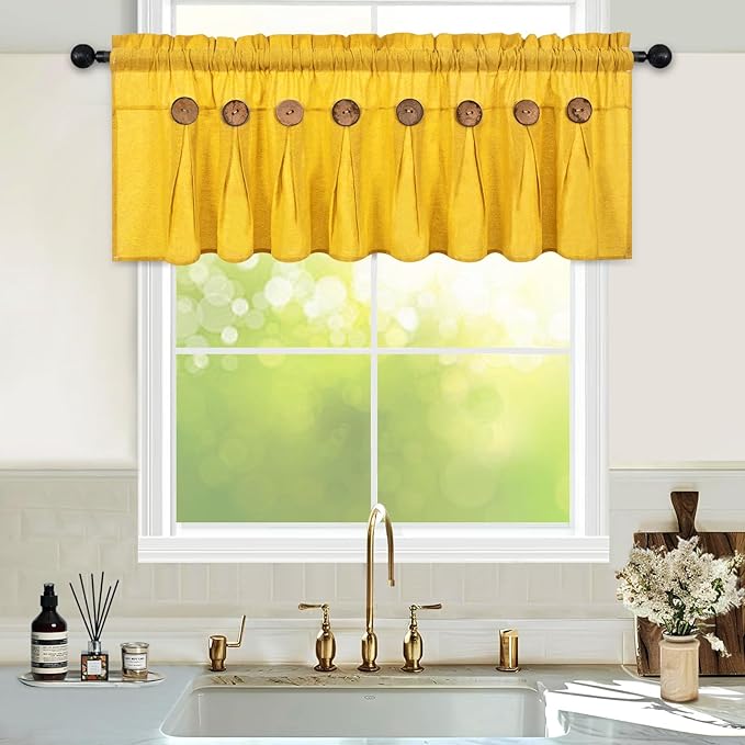 FRAMICS Farmhouse Valance Curtains, Boho Cotton Linen Kitchen Valance, Yellow Rustic Button Window Valances for Kitchen Bathroom, Country Rod Pocket Valances for Windows, Yellow, 52 x 18 Inch