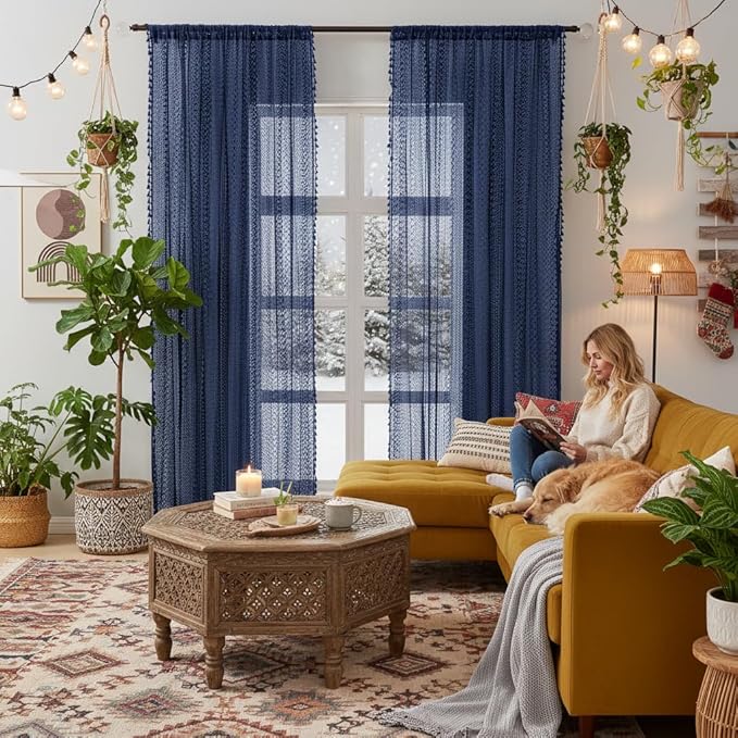 WAZZIO Boho Lace Curtains 84 Inches 2 Panel,Light Filtering Privacy Tassel & Geometry Crochet Semi Sheer Curtain Drapes for Bedroom Living Dining Room,Rod Pocket & Tassel,Navy Blue
